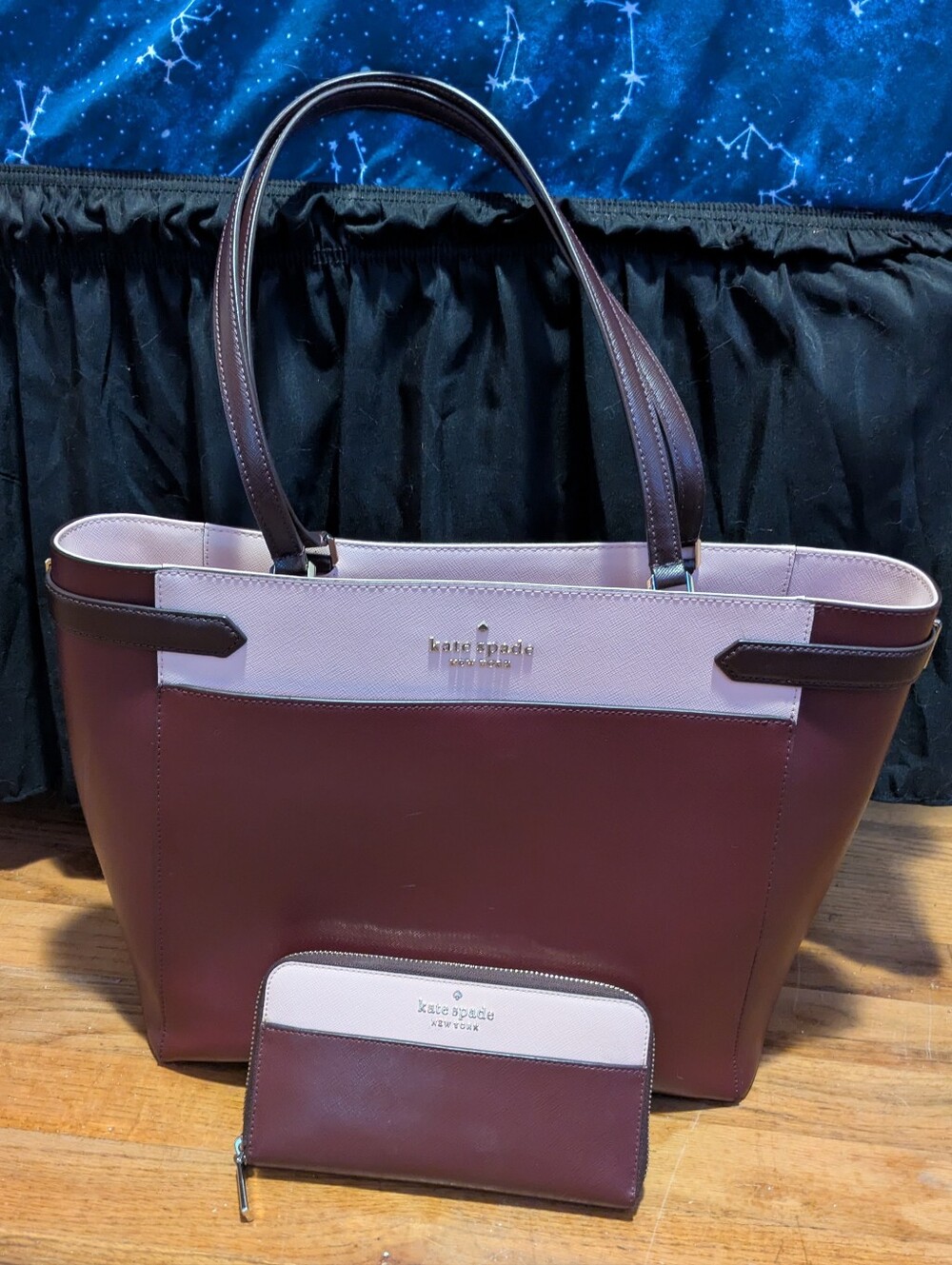 Kate Spade New York Burgundy & Light Pink Tote + Matching Wallet Set